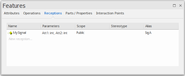 Receptions can be created in the Features window on the Receptions tab.