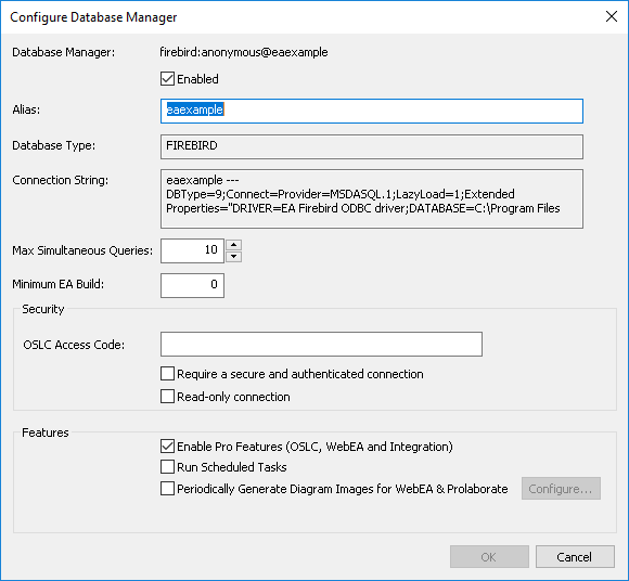 The Configure Database Manager dialog