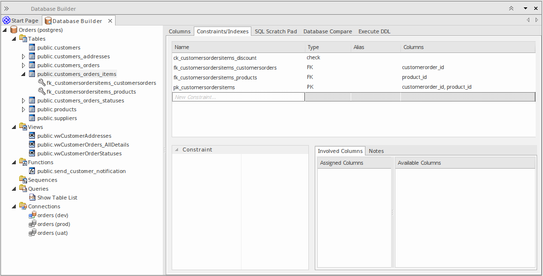 Showing the Constraints/Indexes tab of the Database Builder, in Sparx Systems Enterprise Architect.