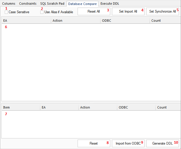 Showing the Database Compare tab in the Database Builder, in Sparx Systems Enterprise Architect.