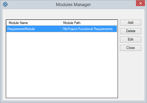 DOORS Module Manager with selected module, in Sparx Systems Enterprise Architect.