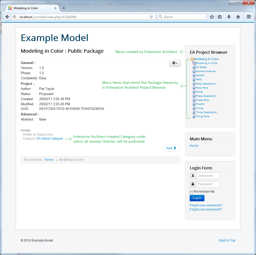 An example of content in the Project Browser  reported to Joomla using Sparx Systems Enterprise Architect.