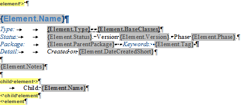 Setting fields in a Child Section of a Report Template using Sparx Systems Enterprise Architect.