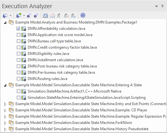 The image shows the Execution Analyzer control where a model's Analyzer Scripts are managed