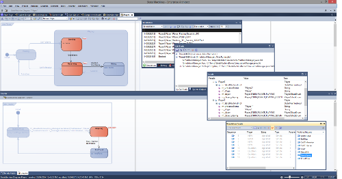 Enterprise Architect screenshot of running executable state machine simulation
