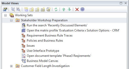 List of items that make up a working set in Sparx Systems Enterprise Architect.