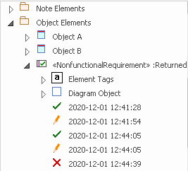 Showing the audit tree with changes grouped by element type, in Sparx Systems Enterprise Architect.