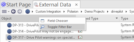 External Data Filter Bar