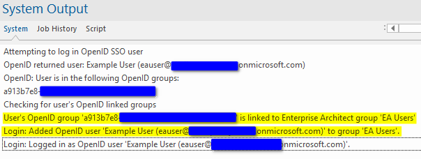 The System Output window showing automatica group assignment from linked OpenID groups