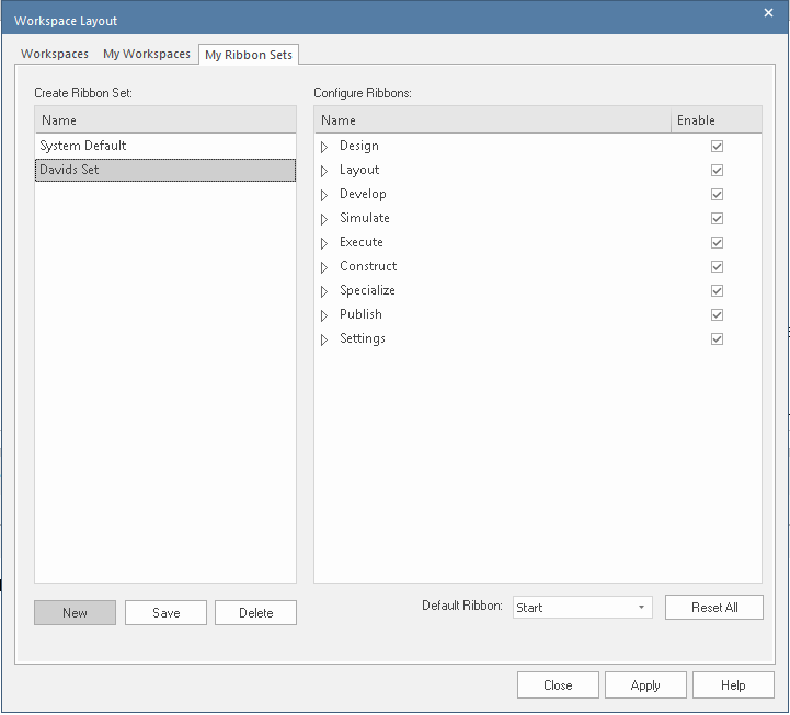 Using the Workspace Layout dialog to create a customized ribbon set in Sparx Systems Enterprise Architect.
