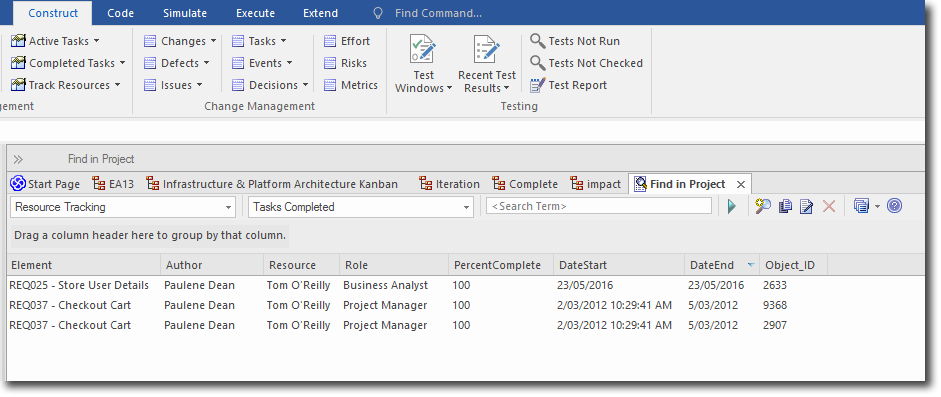 Enterprise Architect 13: Searches and Charts - Search for completed tasks